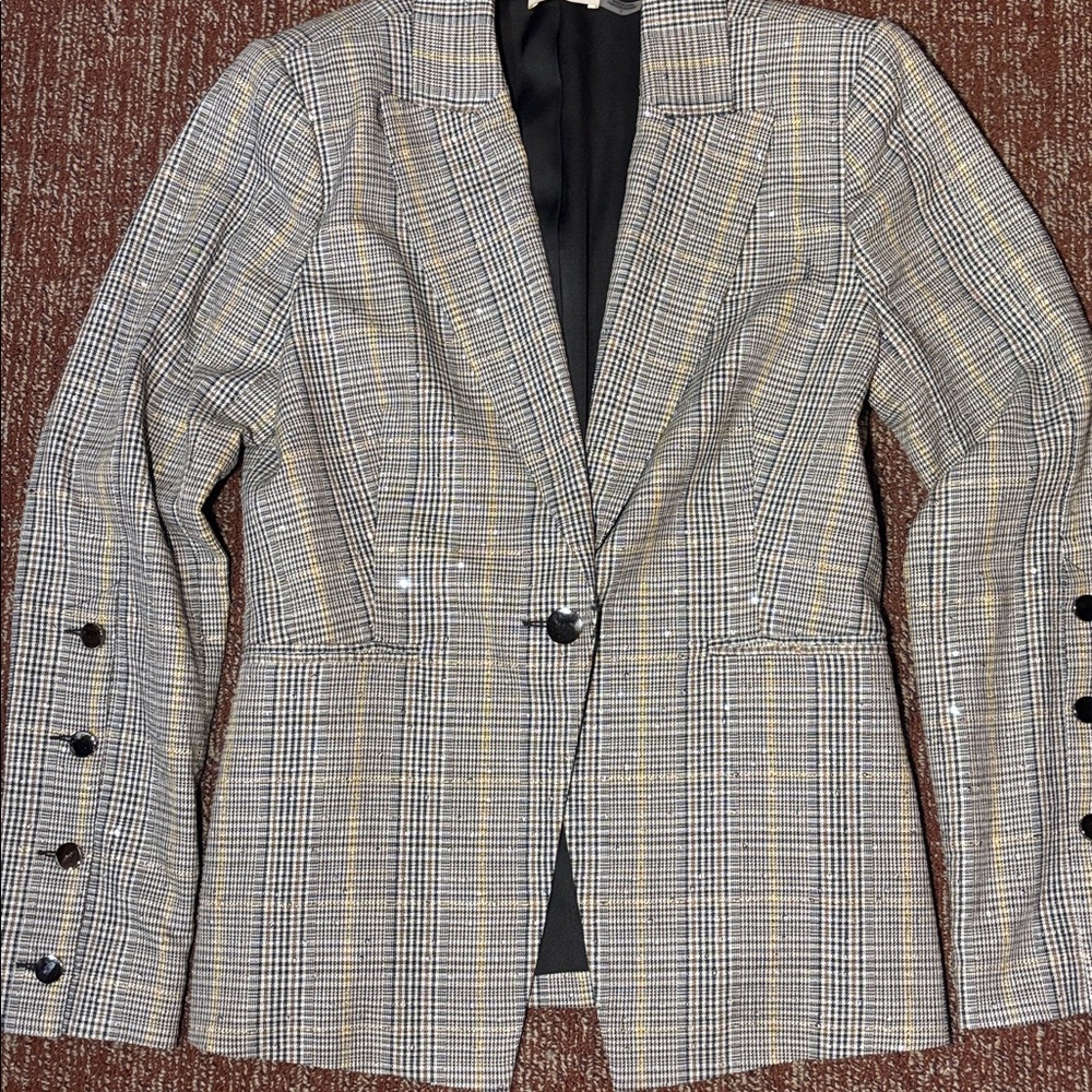 Ramy Brook blazer Metallic sequin Plaid neutral high fashion stylish blazer 8